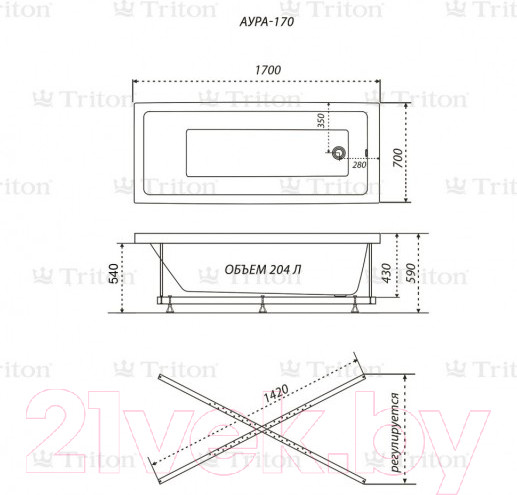 Изображение товара Ванна акриловая Triton Аура 170x70 Стандарт Flat (с гидромассажем)