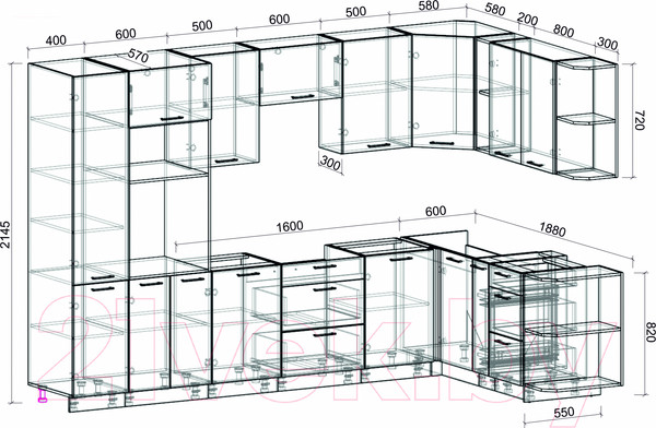 Изображение товара Кухонный гарнитур Интерлиния Мила Лайт 1.88x3.2 правая без столешницы (белый платинум/дуб серый)