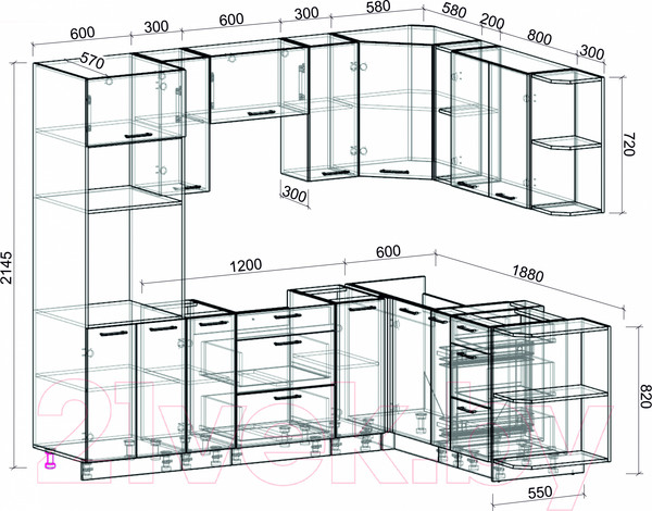 Изображение товара Кухонный гарнитур Интерлиния Мила Лайт 1.88x2.4 правая без столешницы (белый платинум/дуб серый)