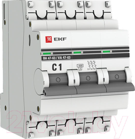 Изображение товара Выключатель автоматический EKF 3P 1А (C) 4.5kA ВА 47-63 / mcb4763-3-01C-pro