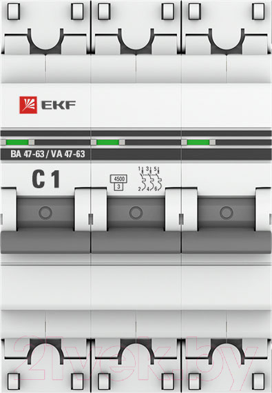 Изображение товара Выключатель автоматический EKF 3P 1А (C) 4.5kA ВА 47-63 / mcb4763-3-01C-pro