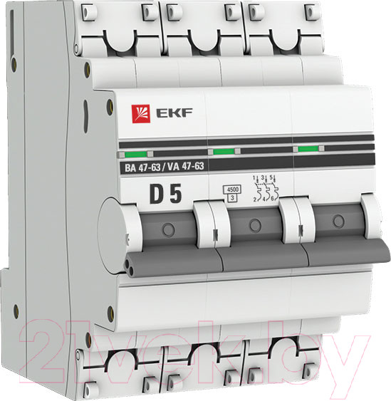 Изображение товара Выключатель автоматический EKF 3P 5А (D) 4.5kA ВА 47-63 / mcb4763-3-05D-pro