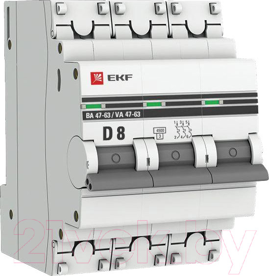 Изображение товара Выключатель автоматический EKF 3P 8А (D) 4.5kA ВА 47-63 / mcb4763-3-08D-pro