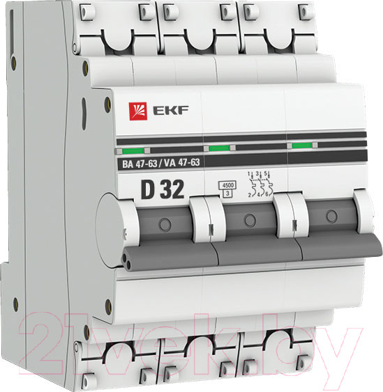 Изображение товара Выключатель автоматический EKF 3P 32А (D) 4.5kA ВА 47-63 / mcb4763-3-32D-pro