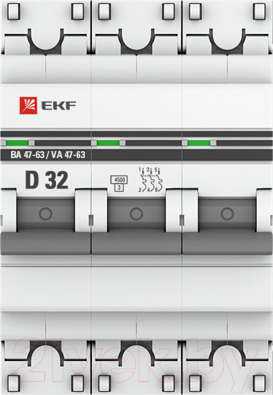 Изображение товара Выключатель автоматический EKF 3P 32А (D) 4.5kA ВА 47-63 / mcb4763-3-32D-pro