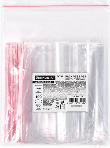 Изображение товара Комплект пакетов-слайдеров Brauberg Extra. Zip Lock / 608176 (100шт)