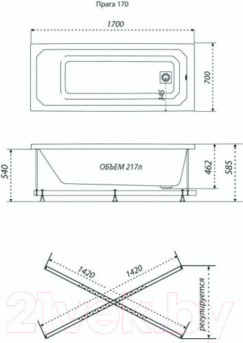 Изображение товара Ванна акриловая Triton Прага 170x70 Базовая Flat (с гидромассажем)