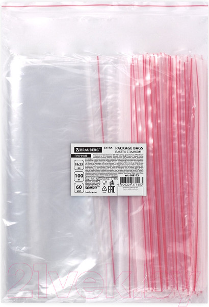 Изображение товара Комплект пакетов-слайдеров Brauberg Extra. Zip Lock / 608173 (100шт)