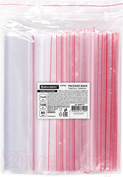 Изображение товара Комплект пакетов-слайдеров Brauberg Extra. Zip Lock / 608177  (100шт)