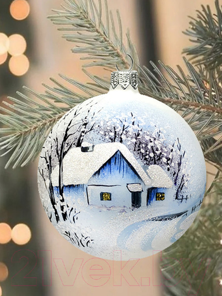 Изображение товара Шар новогодний Декарт Зимняя избушка 8Ш0079 (10см, серебристый)