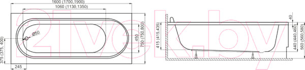 Изображение товара Ванна акриловая Polimat Medium 170x75 / 00064 (с ножками)