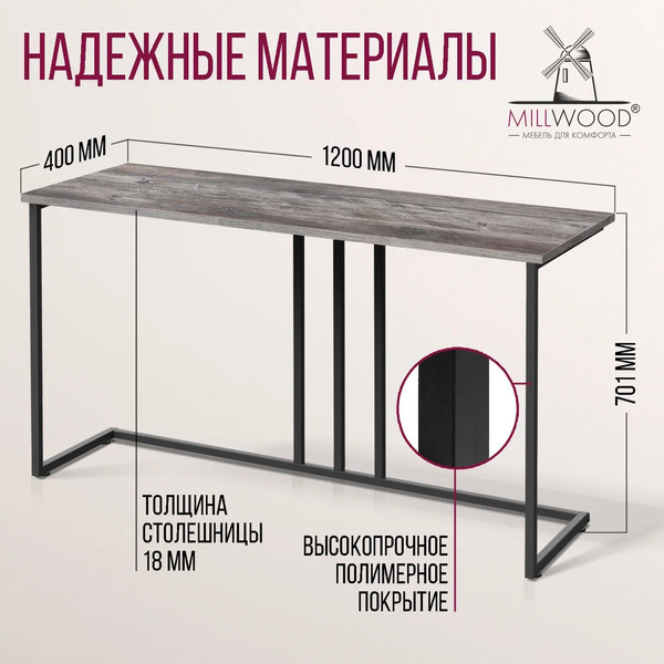 Изображение товара Консольный столик Millwood Лиссабон 1 Лофт Л 120x40x70.2 (сосна пассадена/металл черный)