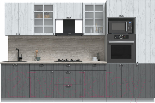 Изображение товара Кухонный гарнитур Интерлиния Берес 3.2В (дуб серый/дуб полярный/травертин серый)