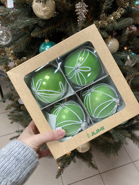 Изображение товара Набор шаров новогодних GreenTerra 80мм (4шт, рисунок)