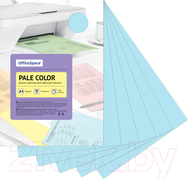Изображение товара Набор цветной бумаги OfficeSpace Pale Color А4 / PC_38231 (100л, голубой)