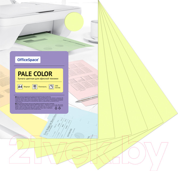 Изображение товара Набор цветной бумаги OfficeSpace Pale Color А4 / PC_38232 (100л, желтый)