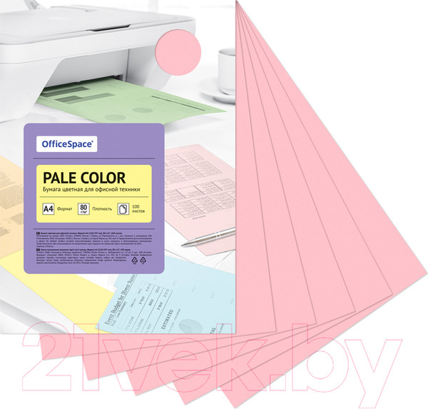 Изображение товара Набор цветной бумаги OfficeSpace Pale Color А4 / PC_38235 (100л, розовый)