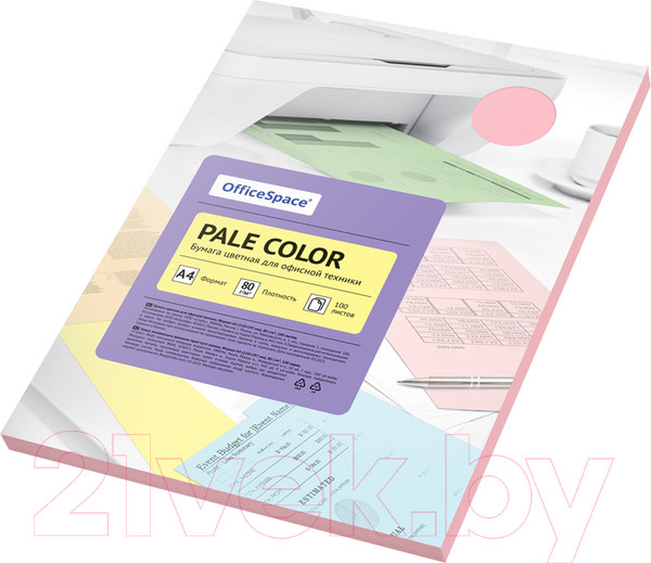 Изображение товара Набор цветной бумаги OfficeSpace Pale Color А4 / PC_38235 (100л, розовый)
