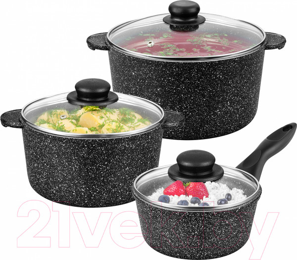 Изображение товара Набор кастрюль Elan Gallery Гармония вкуса 120283+3 (черный мрамор)