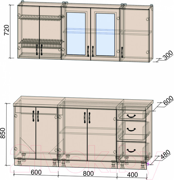 Изображение товара Кухонный гарнитур Интерлиния Мила Крафт 1.8А (дуб серый/дуб лазурный/травертин серый)