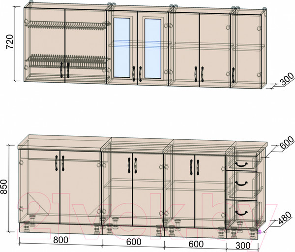Изображение товара Кухонный гарнитур Интерлиния Мила Крафт 2.3А (дуб серый/дуб полярный/травертин серый)