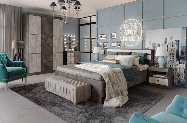 Изображение товара Комплект мебели для спальни Мебель-КМК Лондон 0914 (оникс/бетон светлый)