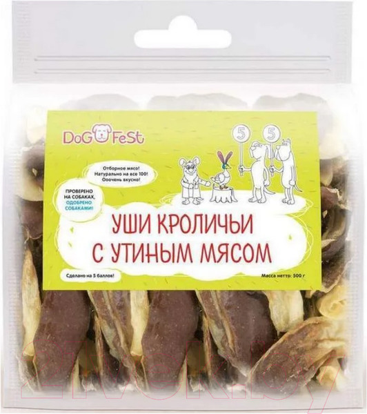 Изображение товара Лакомство для собак Dog Fest Уши кроличьи с утиным мясом (500г)