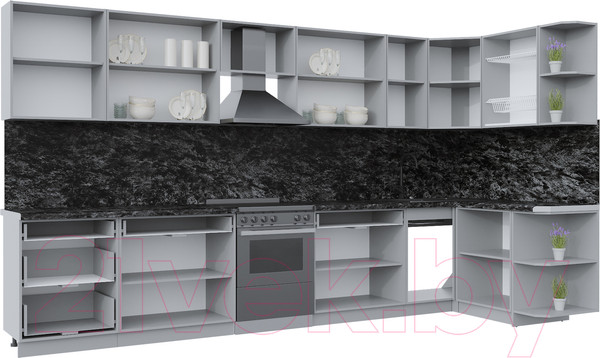 Изображение товара Кухонный гарнитур Интерлиния Берес 1.5x3.8 правая (дуб снежный/серый каспий)