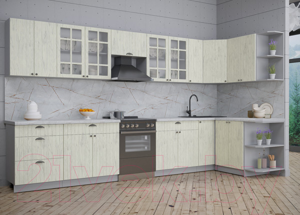 Изображение товара Кухонный гарнитур Интерлиния Берес 1.5x3.7 правая (дуб снежный/серый каспий)