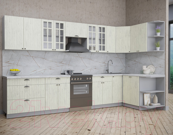 Изображение товара Кухонный гарнитур Интерлиния Берес 1.5x3.5 правая (дуб снежный/серый каспий)