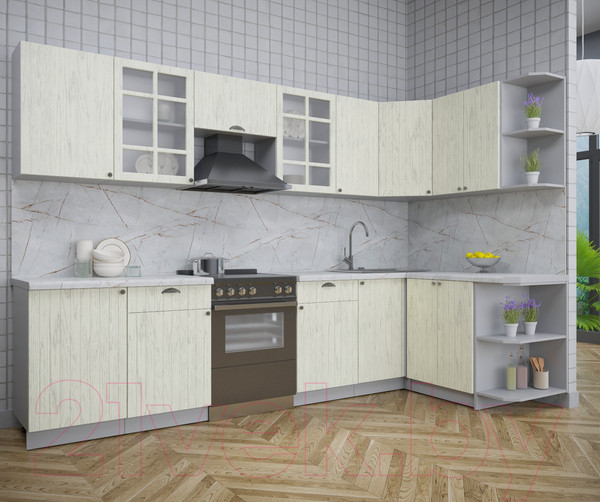 Изображение товара Кухонный гарнитур Интерлиния Берес 1.5x3.1 правая (дуб снежный/серый каспий)