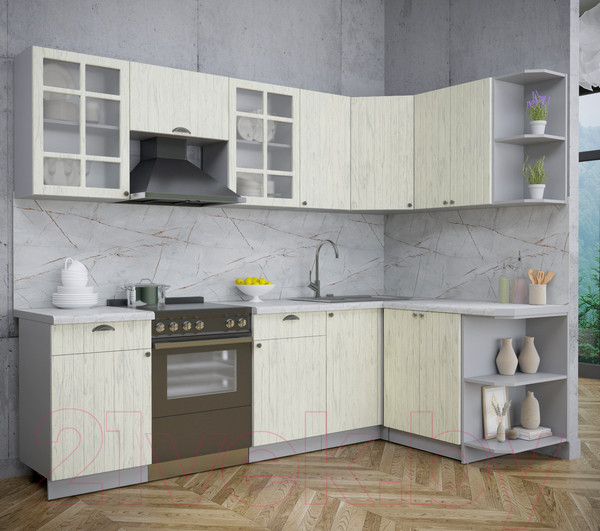 Изображение товара Кухонный гарнитур Интерлиния Берес 1.5x2.6 правая (дуб снежный/серый каспий)