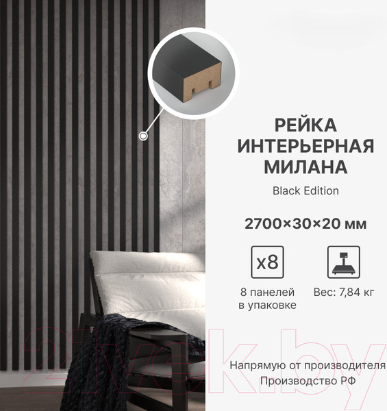 Изображение товара Рейка интерьерная STELLA МДФ Милана Black Edition (2700х30х20)