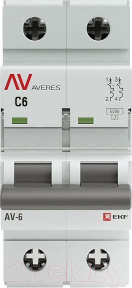 Изображение товара Выключатель автоматический EKF Averes AV-6 2P 6A (C) 6kA / mcb6-2-06C-av