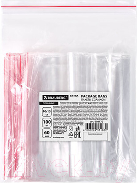 Изображение товара Комплект пакетов-слайдеров Brauberg Extra. Zip Lock / 608170 (100шт)