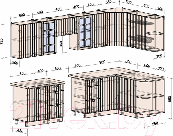 Изображение товара Кухонный гарнитур Интерлиния Берес 1.5x3.0 правая (дуб лазурный/дуб бунратти)
