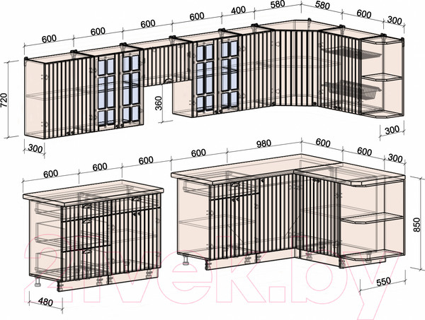 Изображение товара Кухонный гарнитур Интерлиния Берес 1.5x3.4 правая (дуб английский/бискайская сосна)