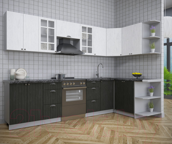 Изображение товара Кухонный гарнитур Интерлиния Берес 1.5x3.0 правая (дуб английский/дуб полярный/кастилло темный)