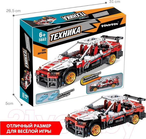 Изображение товара Конструктор инерционный Bondibon Гоночная машина / ВВ5682 (591эл, белый/красный)