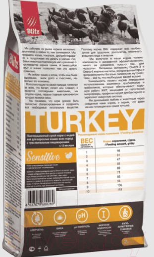 Изображение товара Сухой корм для кошек Blitz Pets Sensitive Adult Cats Turkey / 4403 (400г)