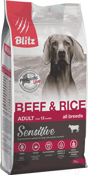 Изображение товара Сухой корм для собак Blitz Pets Sensitive Adult Beef & Rice / 4210 (15кг)