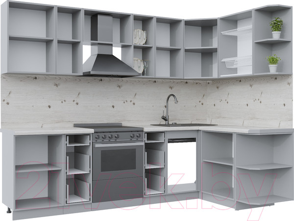 Изображение товара Кухонный гарнитур Интерлиния Берес 1.5x2.7 правая (дуб снежный/дуб королевский/серый каспий)