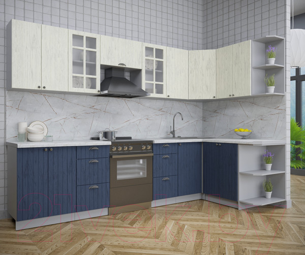 Изображение товара Кухонный гарнитур Интерлиния Берес 1.5x3.0 правая (дуб снежный/дуб королевский/серый каспий)