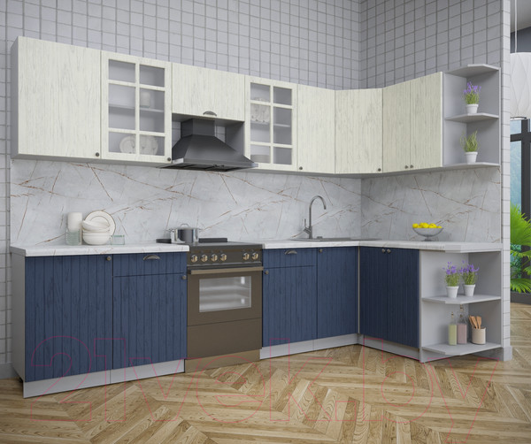 Изображение товара Кухонный гарнитур Интерлиния Берес 1.5x3.1 правая (дуб снежный/дуб королевский/серый каспий)