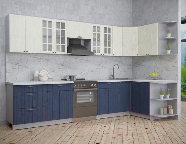 Изображение товара Кухонный гарнитур Интерлиния Берес 1.5x3.3 правая (дуб снежный/дуб королевский/серый каспий)