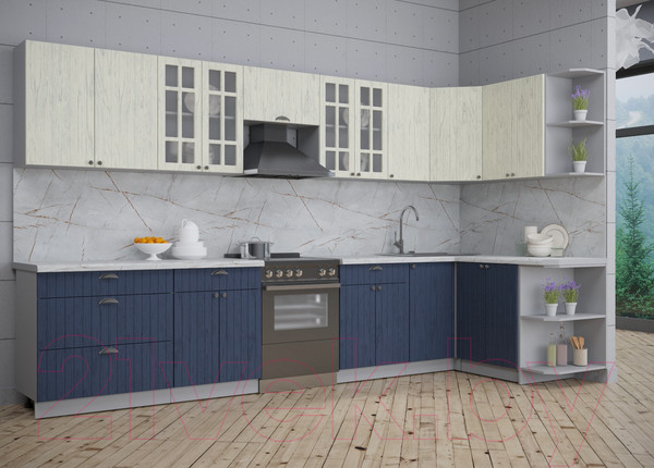 Изображение товара Кухонный гарнитур Интерлиния Берес 1.5x3.6 правая (дуб снежный/дуб королевский/серый каспий)