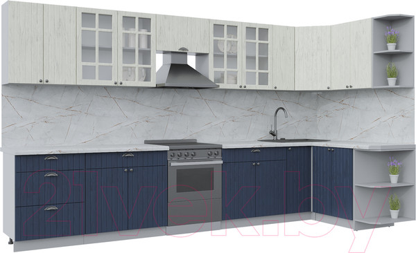 Изображение товара Кухонный гарнитур Интерлиния Берес 1.5x3.7 правая (дуб снежный/дуб королевский/серый каспий)