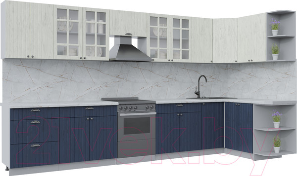 Изображение товара Кухонный гарнитур Интерлиния Берес 1.5x3.8 правая (дуб снежный/дуб королевский/серый каспий)