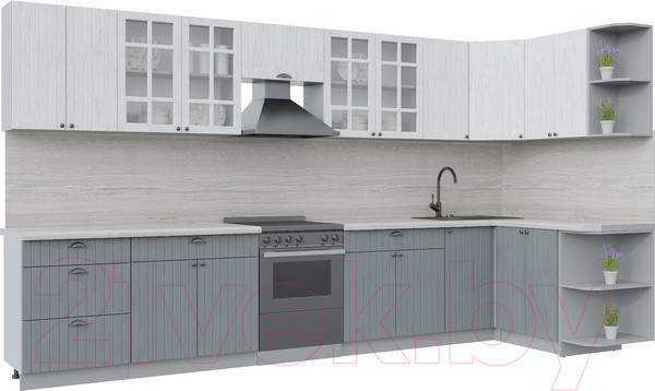 Изображение товара Кухонный гарнитур Интерлиния Берес 1.5x3.8 правая (дуб полярный/дуб серый/травертин серый)