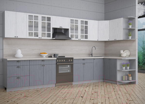 Изображение товара Кухонный гарнитур Интерлиния Берес 1.5x3.8 правая (дуб полярный/дуб серый/травертин серый)